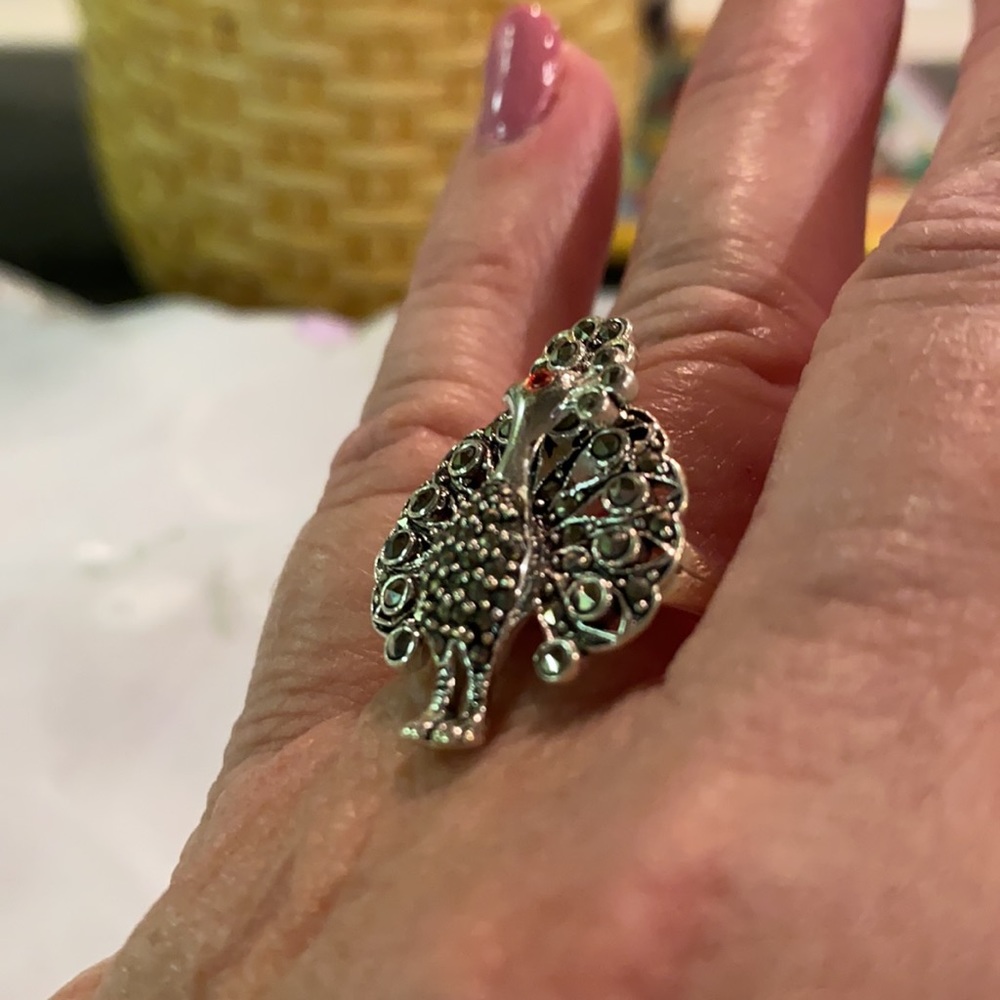 Sterling Silver Marcasite Ruby Peacock Ring - image 2